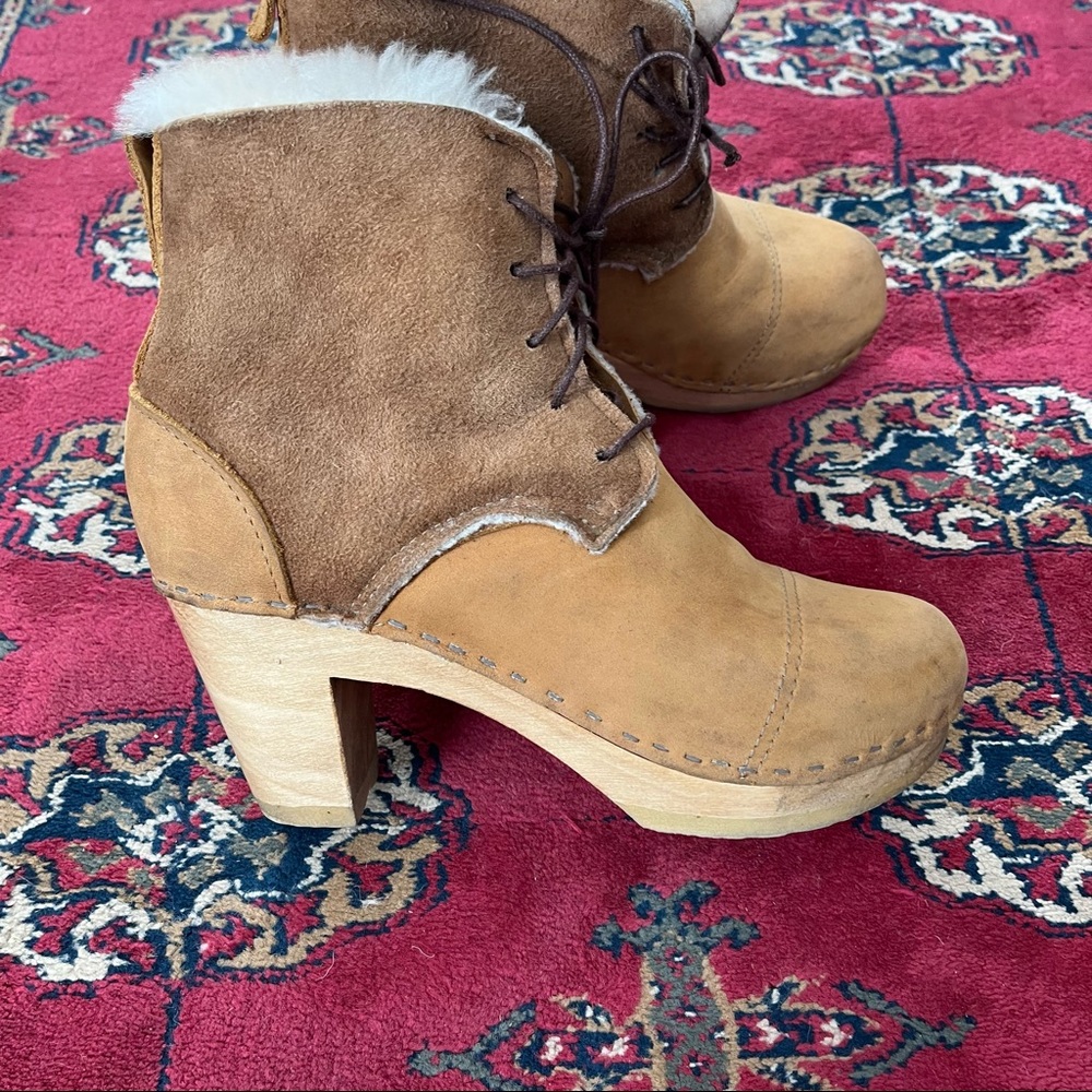 No. 6 Tan and Brown Lace-Up Shearling Clog Boots